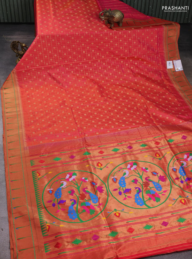 Pure paithani silk saree dual shade of pink with allover zari checks & buttas and muniya butta border