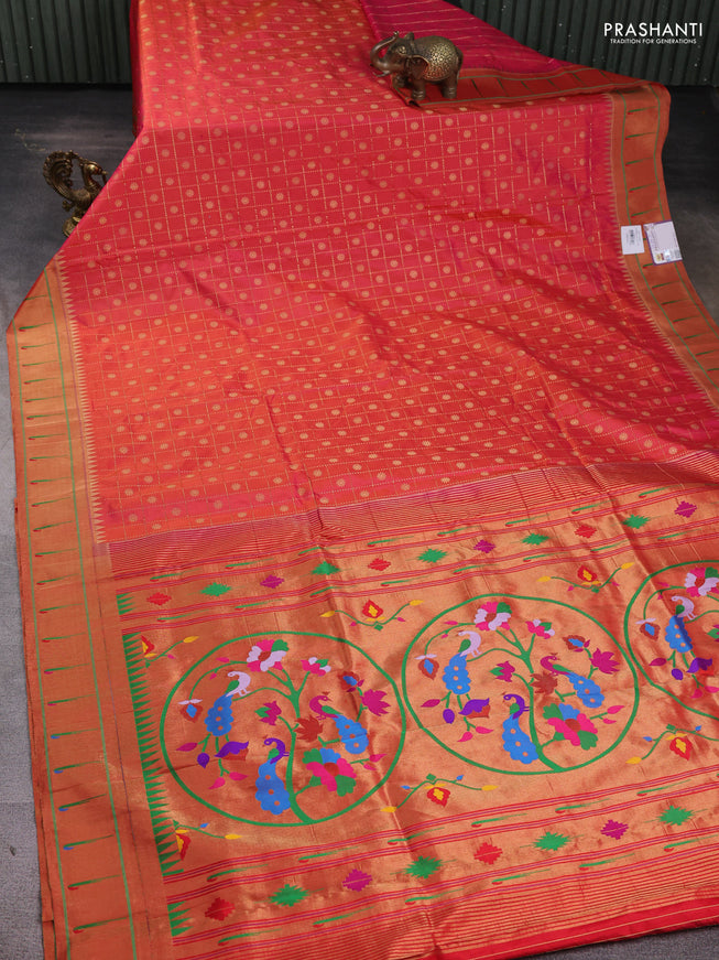 Pure paithani silk saree dual shade of pink with allover zari checks & buttas and muniya butta border