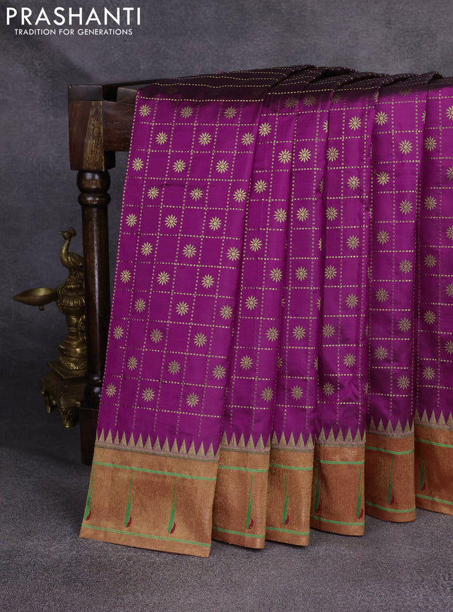 Pure paithani silk saree purple and red with allover zari checks & buttas and muniya butta border