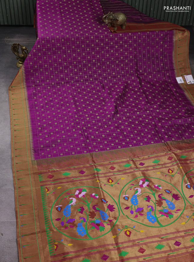 Pure paithani silk saree purple and red with allover zari checks & buttas and muniya butta border