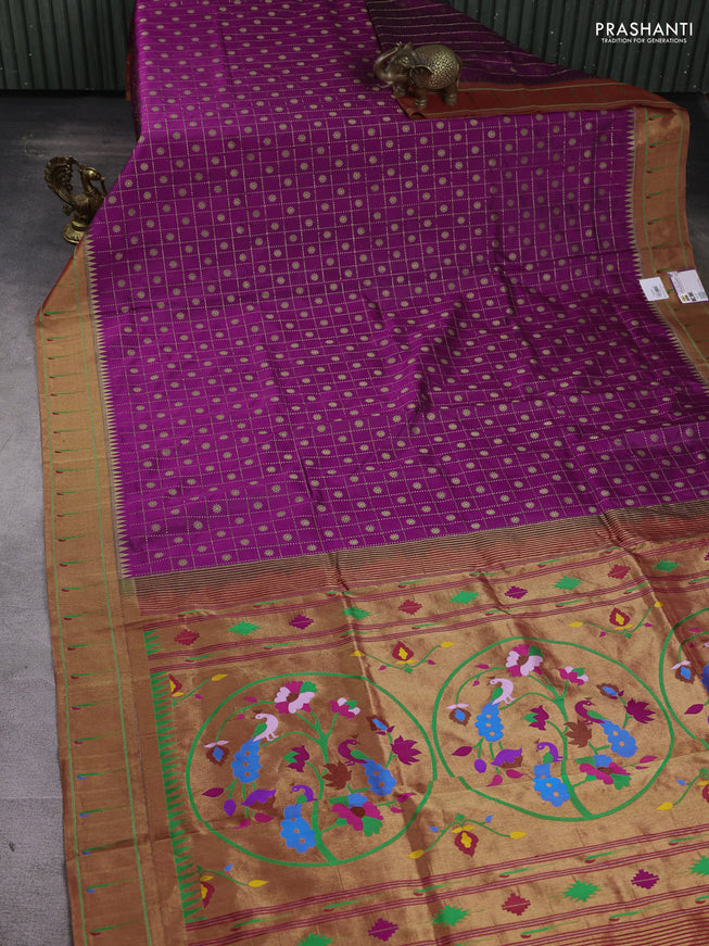 Pure paithani silk saree purple and red with allover zari checks & buttas and muniya butta border
