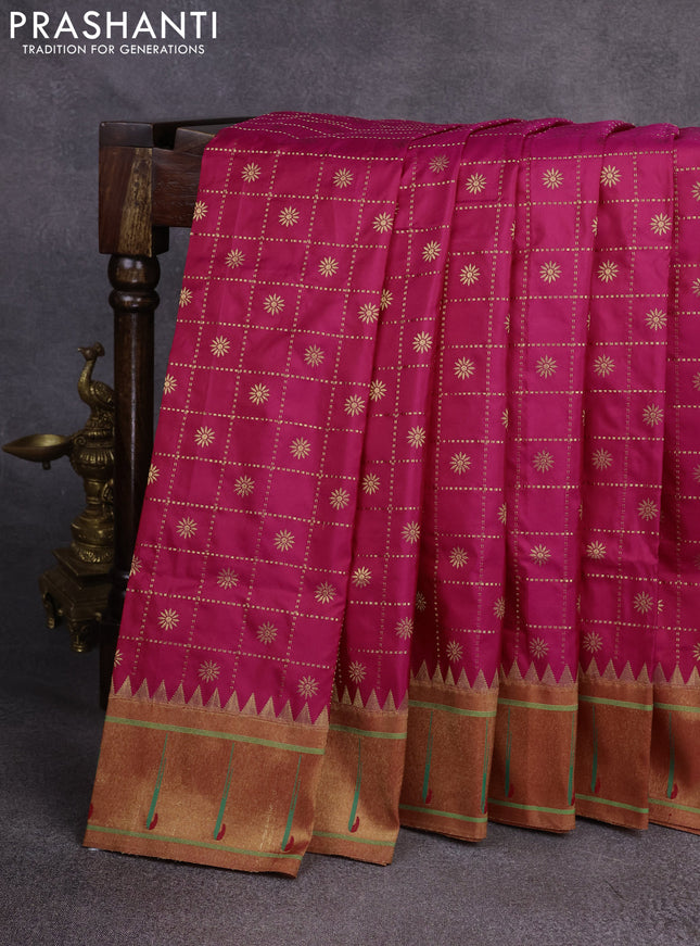 Pure paithani silk saree pink and red with allover zari checks & buttas and muniya butta border