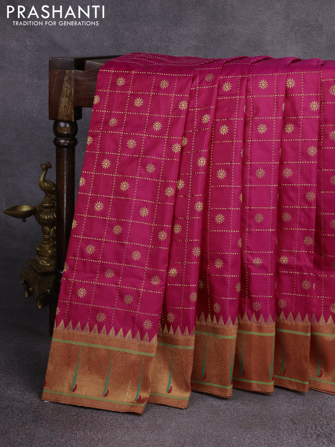 Pure paithani silk saree pink and red with allover zari checks & buttas and muniya butta border