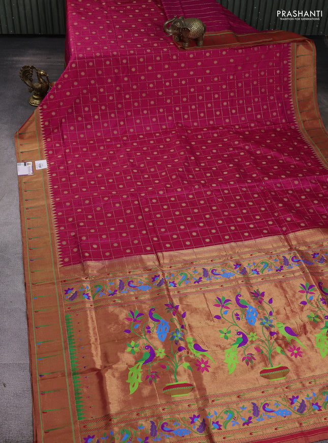 Pure paithani silk saree pink and red with allover zari checks & buttas and muniya butta border