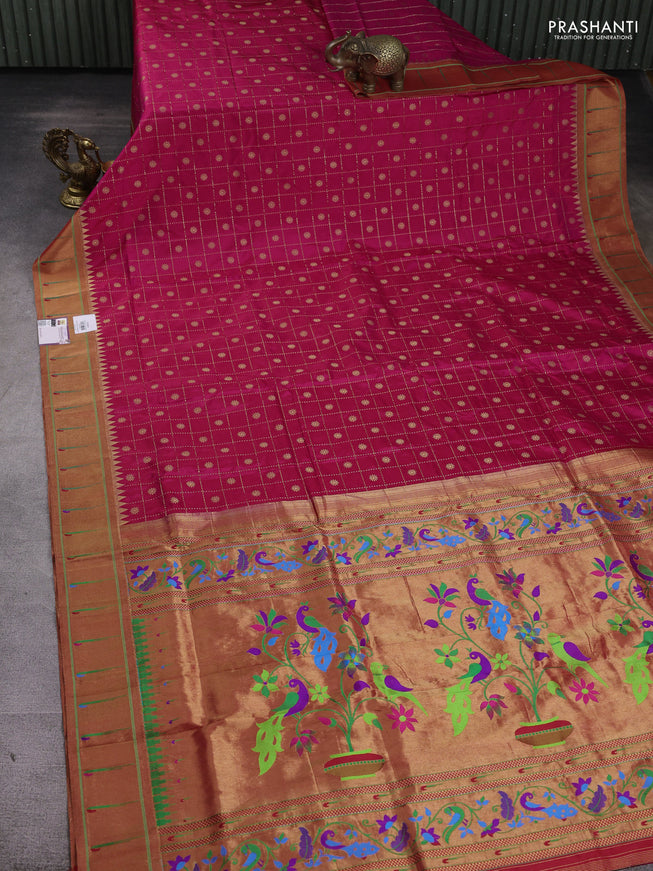 Pure paithani silk saree pink and red with allover zari checks & buttas and muniya butta border