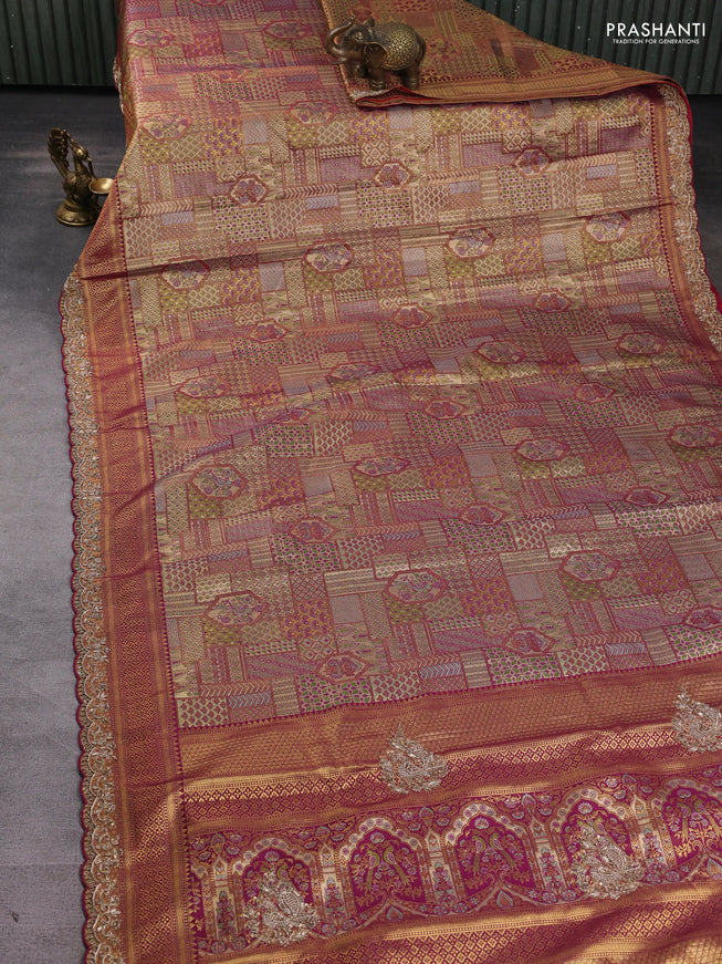 Kanchipuram silk saree purple with allover zari woven brocade weaves and embroidered border