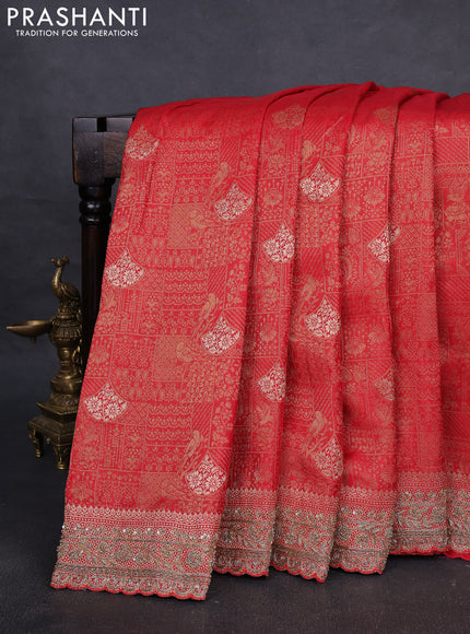 Kanchipuram silk saree red with allover zari woven brocade weaves and embroidered border