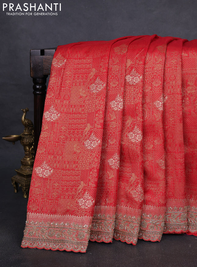 Kanchipuram silk saree red with allover zari woven brocade weaves and embroidered border