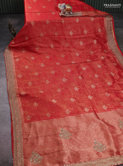 Kanchipuram silk saree red with allover zari woven brocade weaves and embroidered border