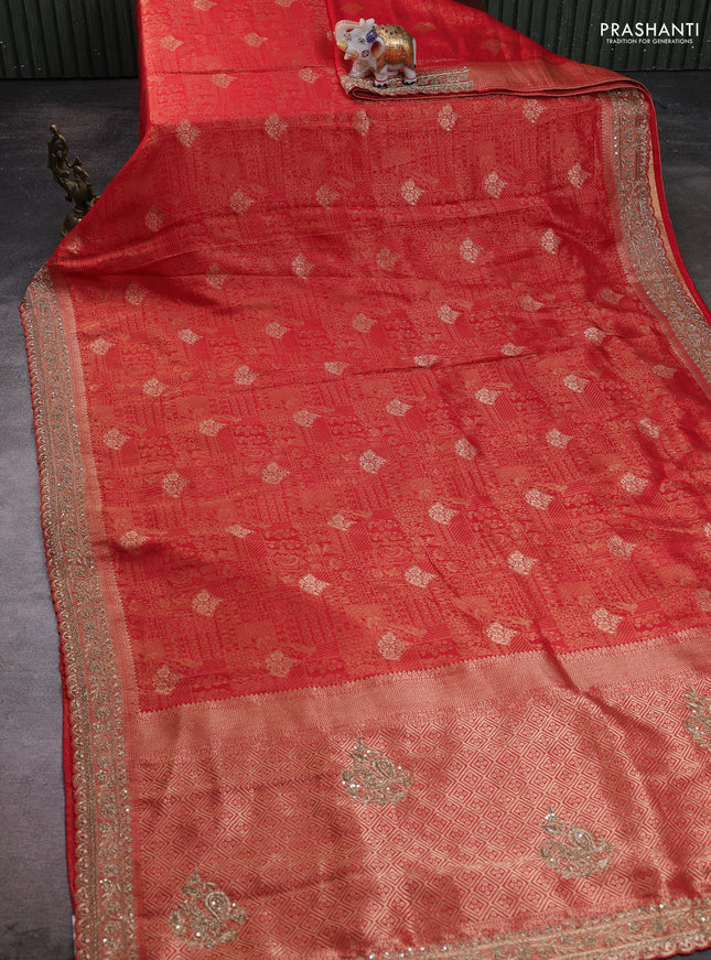 Kanchipuram silk saree red with allover zari woven brocade weaves and embroidered border