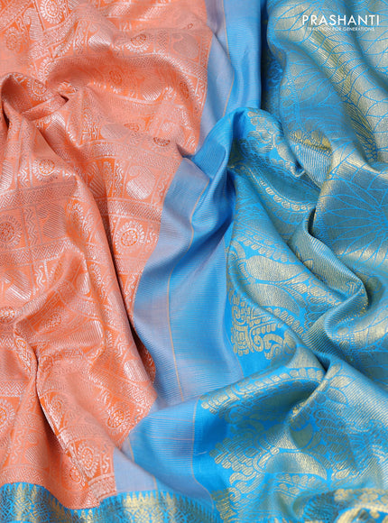 Kanchipuram silk saree cs blue and peach with allover zari woven brocade weaves and embroidered border