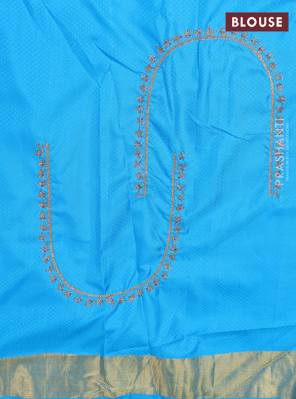 Kanchipuram silk saree cs blue and peach with allover zari woven brocade weaves and embroidered border
