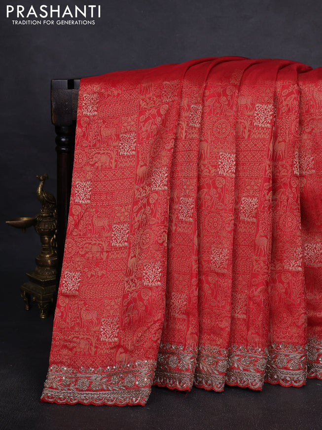 Kanchipuram silk saree red with allover zari woven brocade weaves and embroidered border