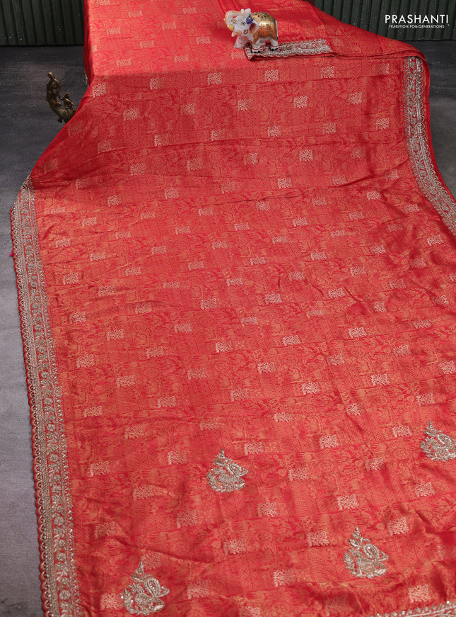 Kanchipuram silk saree red with allover zari woven brocade weaves and embroidered border