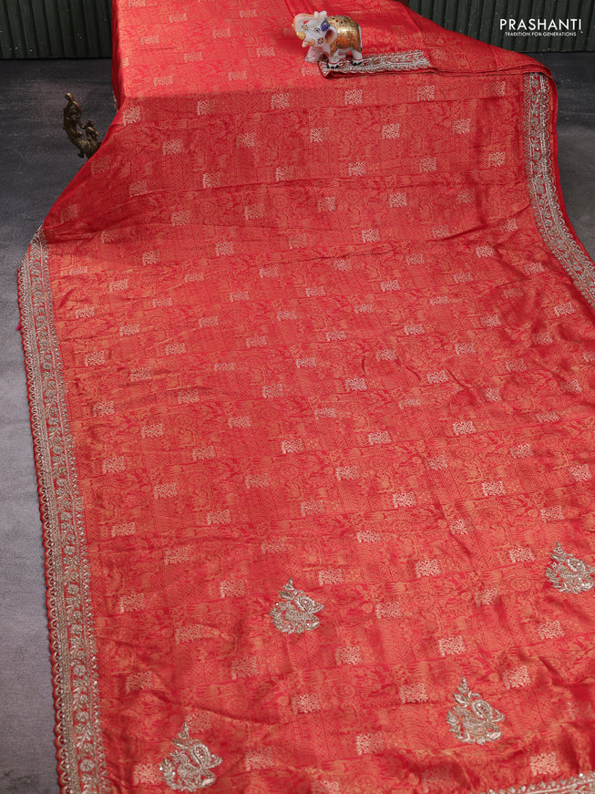 Kanchipuram silk saree red with allover zari woven brocade weaves and embroidered border