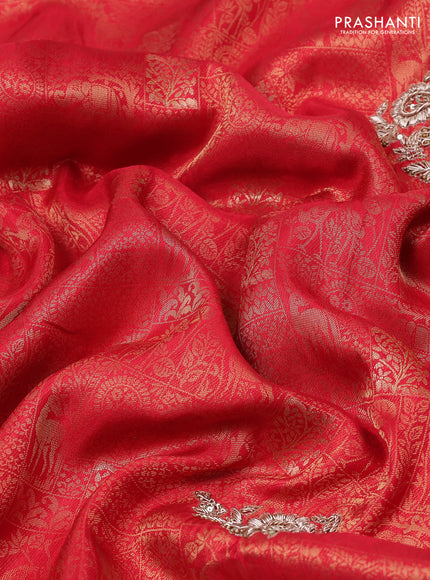 Kanchipuram silk saree red with allover zari woven brocade weaves and embroidered border