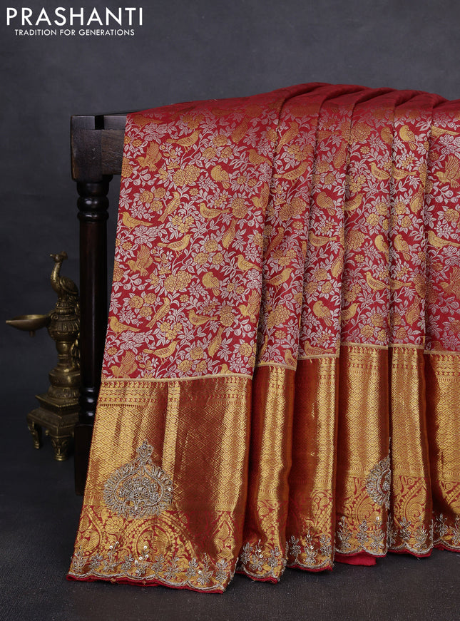 Kanchipuram silk saree red with allover zari woven brocade weaves and embroidered border