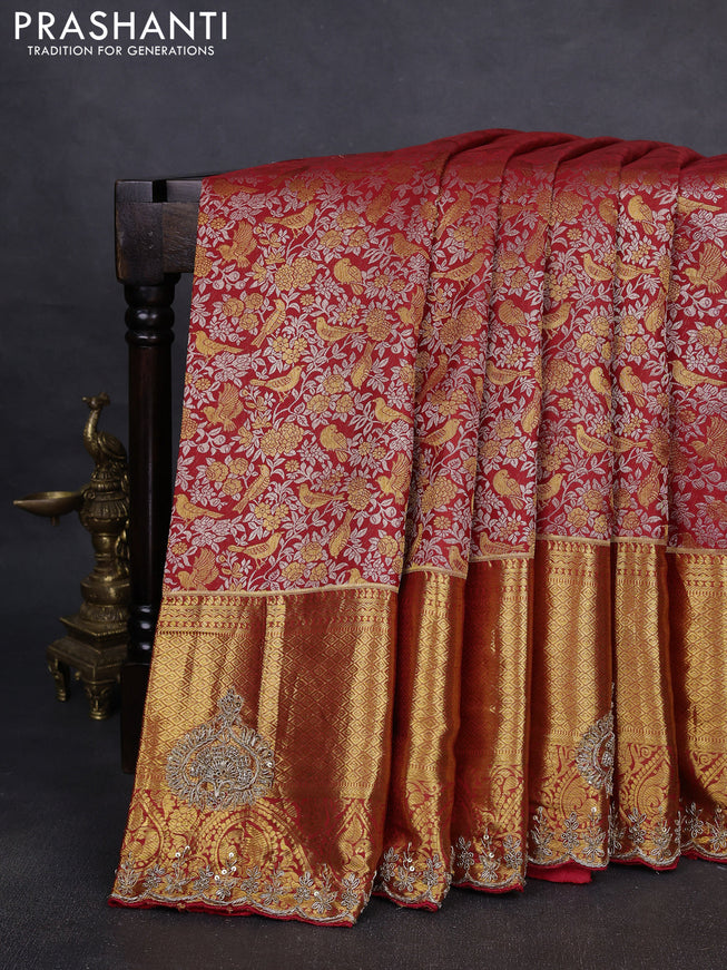 Kanchipuram silk saree red with allover zari woven brocade weaves and embroidered border