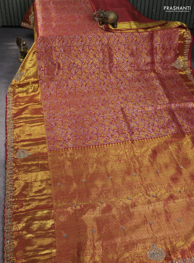 Kanchipuram silk saree red with allover zari woven brocade weaves and embroidered border