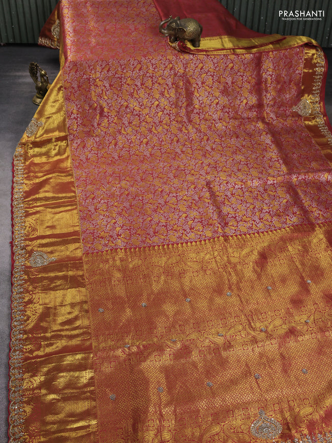 Kanchipuram silk saree red with allover zari woven brocade weaves and embroidered border