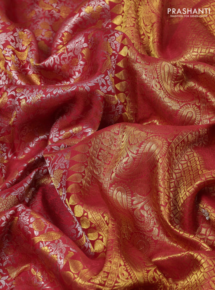 Kanchipuram silk saree red with allover zari woven brocade weaves and embroidered border