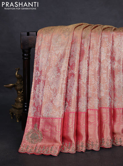 Kanchipuram silk saree peach pink with allover zari woven brocade weaves and embroidered border