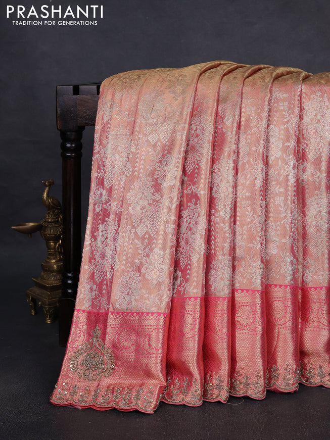 Kanchipuram silk saree peach pink with allover zari woven brocade weaves and embroidered border