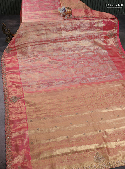 Kanchipuram silk saree peach pink with allover zari woven brocade weaves and embroidered border