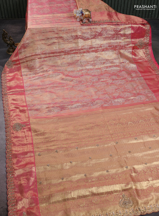Kanchipuram silk saree peach pink with allover zari woven brocade weaves and embroidered border