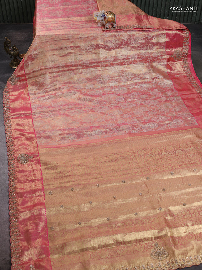 Kanchipuram silk saree peach pink with allover zari woven brocade weaves and embroidered border