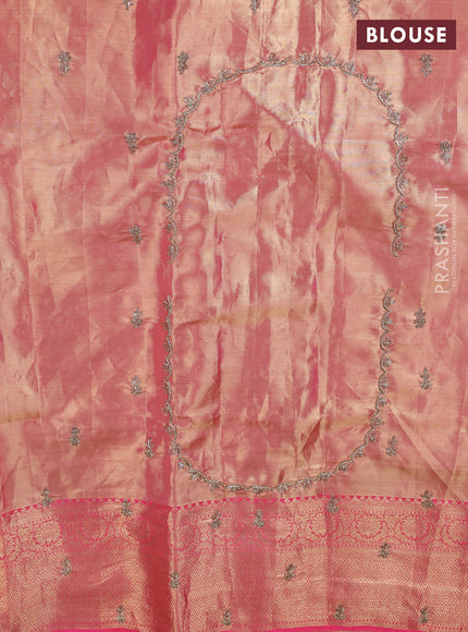 Kanchipuram silk saree peach pink with allover zari woven brocade weaves and embroidered border