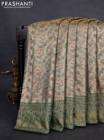 Kanchipuram silk saree green with allover zari woven brocade weaves and embroidered border