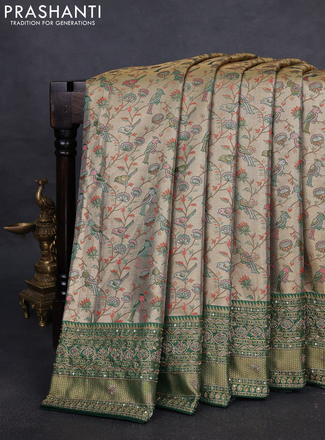 Kanchipuram silk saree green with allover zari woven brocade weaves and embroidered border