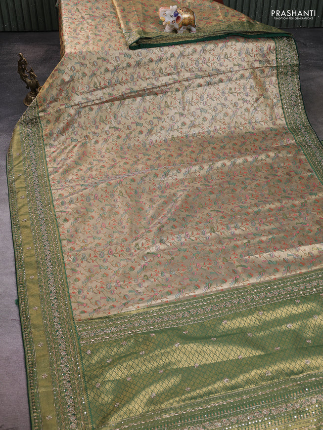 Kanchipuram silk saree green with allover zari woven brocade weaves and embroidered border