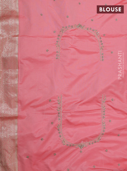 Kanchipuram silk saree peach pink with allover zari woven brocade weaves and embroidered border