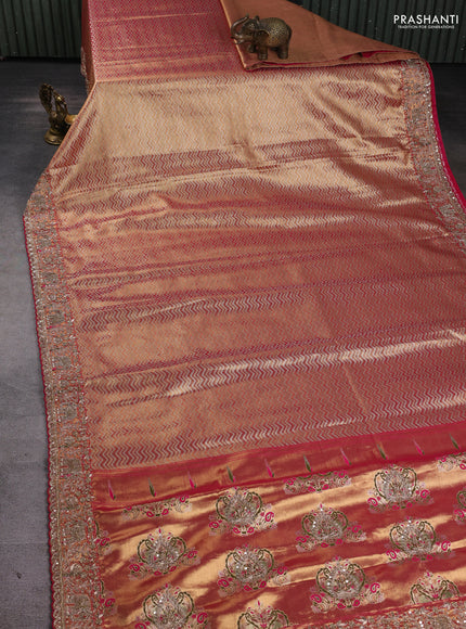 Kanchipuram silk saree peach and pink with allover zig zag weaves and paithani pallu