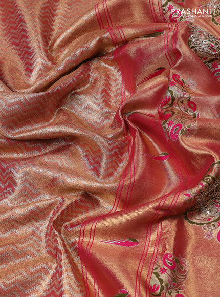 Kanchipuram silk saree peach and pink with allover zig zag weaves and paithani pallu