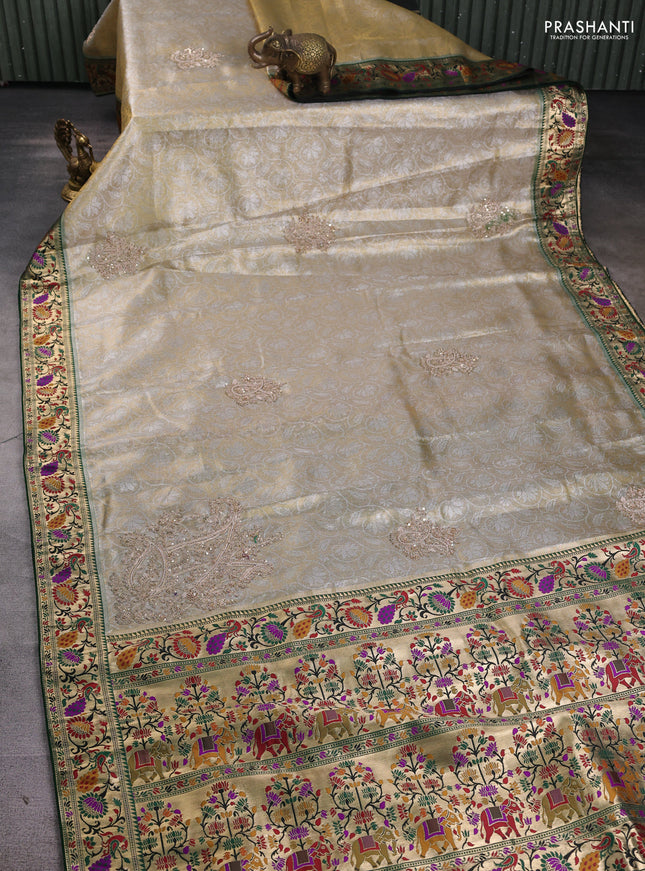 Kanchipuram silk saree gold and green with allover silver & gold zari weaves and paithani pallu