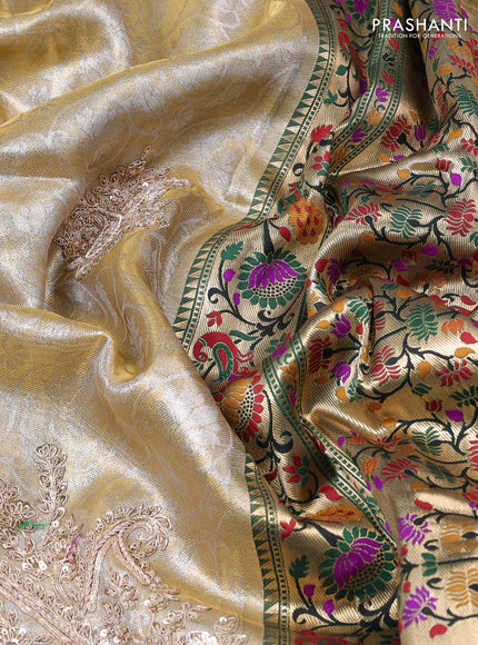 Kanchipuram silk saree gold and green with allover silver & gold zari weaves and paithani pallu