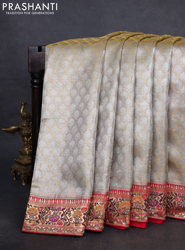 Kanchipuram silk saree gold and red with allover silver & gold zari weaves and paithani & embroidery pallu