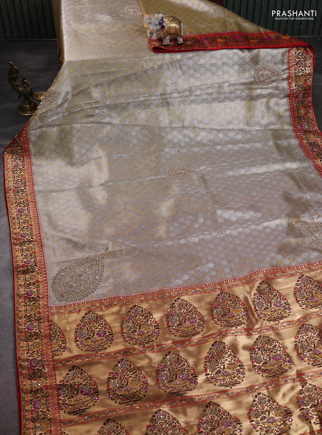 Kanchipuram silk saree gold and red with allover silver & gold zari weaves and paithani & embroidery pallu