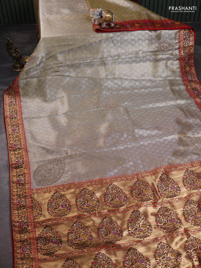 Kanchipuram silk saree gold and red with allover silver & gold zari weaves and paithani & embroidery pallu