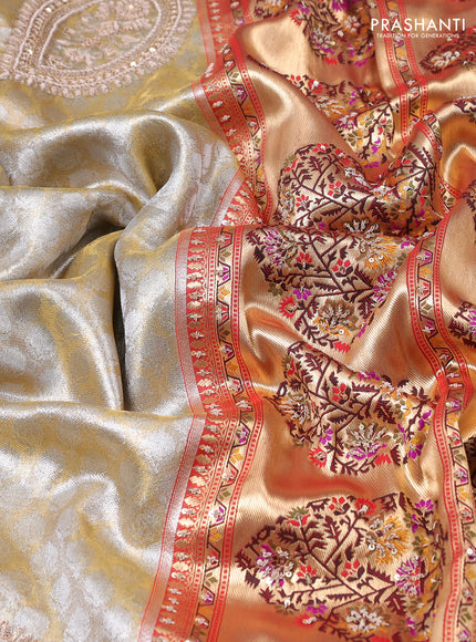 Kanchipuram silk saree gold and red with allover silver & gold zari weaves and paithani & embroidery pallu