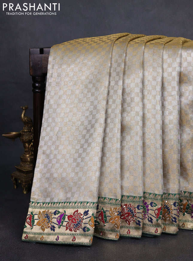 Kanchipuram silk saree gold and bottle green with allover silver & gold zari weaves and paithani & embroidery pallu