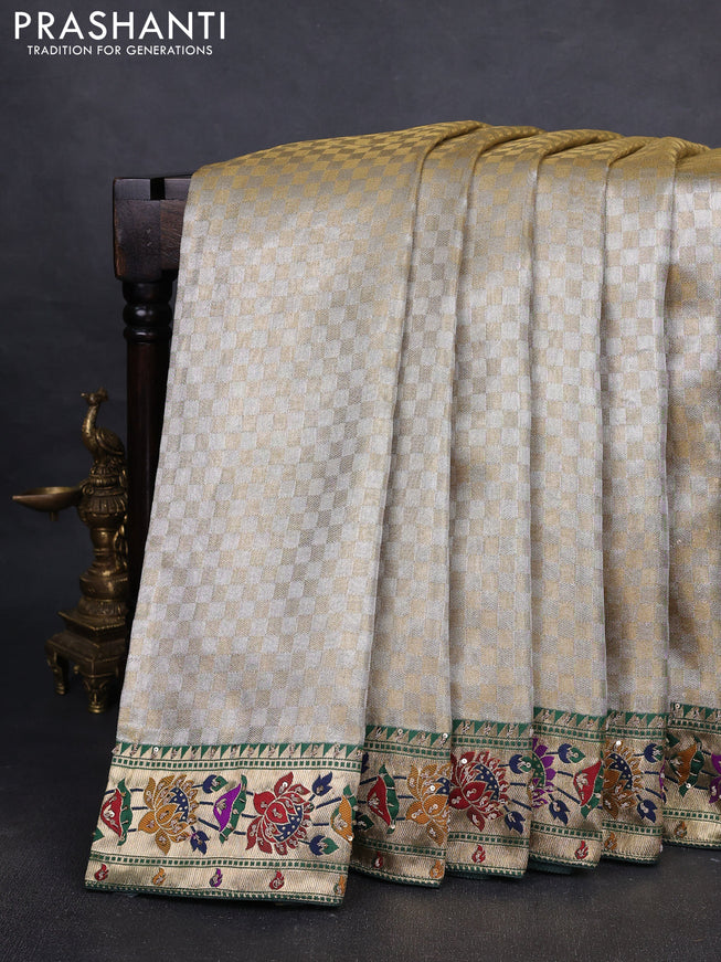 Kanchipuram silk saree gold and bottle green with allover silver & gold zari weaves and paithani & embroidery pallu