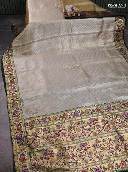 Kanchipuram silk saree gold and bottle green with allover silver & gold zari weaves and paithani & embroidery pallu