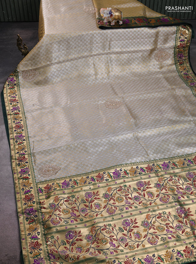 Kanchipuram silk saree gold and bottle green with allover silver & gold zari weaves and paithani & embroidery pallu