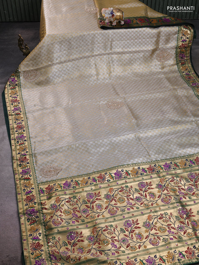 Kanchipuram silk saree gold and bottle green with allover silver & gold zari weaves and paithani & embroidery pallu