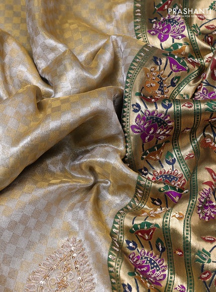 Kanchipuram silk saree gold and bottle green with allover silver & gold zari weaves and paithani & embroidery pallu