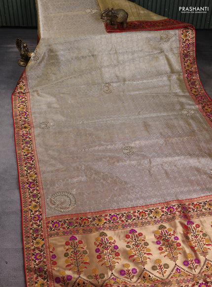 Kanchipuram silk saree gold and red with allover silver & gold zari weaves and paithani pallu